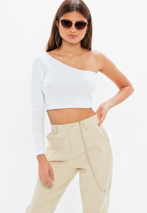 Petite White One Sleeve Asymmetric Crop Top, White