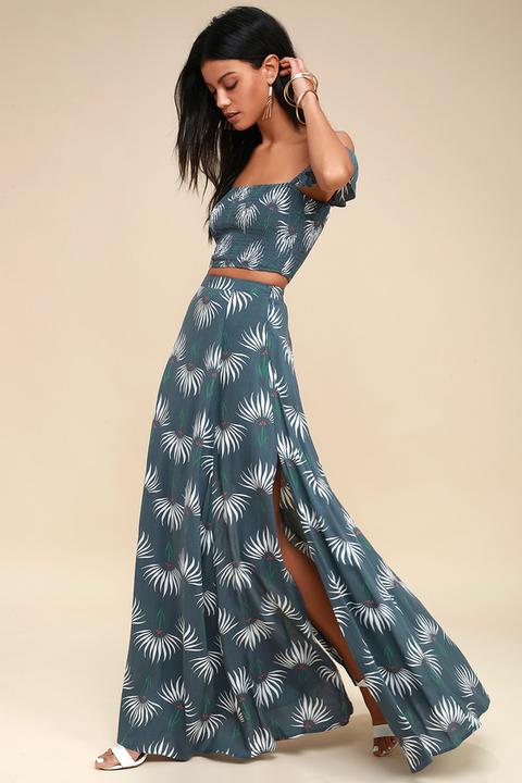 Trancoso Dusty Blue Floral Print Two-piece Maxi Dress