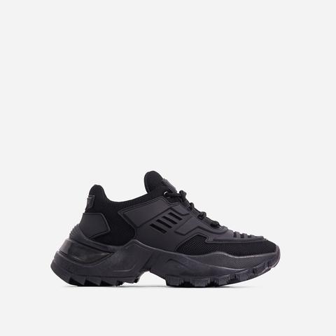 Clout Caged Lace Up Chunky Sole Trainer In Black, Black