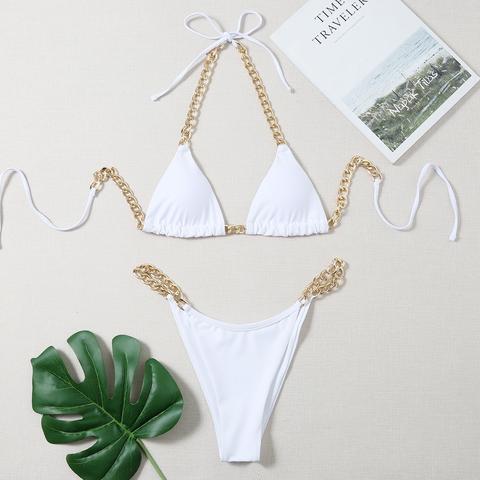 Chain Linked Triangle Halter Thong Bikini Swimsuit