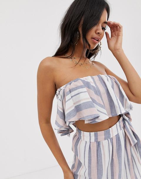 Asos Design – Gewebtes Und Gestreiftes, Trägerloses Oberteil Für Den Strand Mit Rüschen, Kombiteil