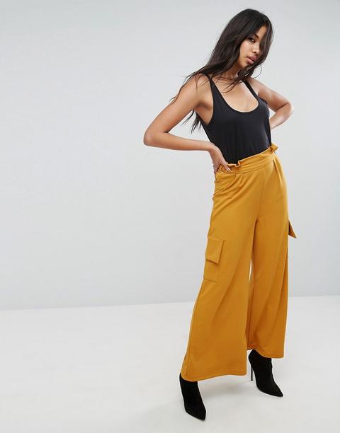 Asos Wide Leg Trousers With Paperbag Waist - Mustard