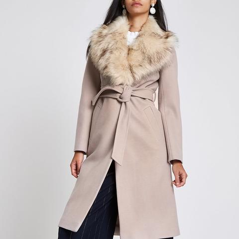 River Island Faux Fur Coat 55, River Island Wrap Coat With Faux Fur Collar And Cuffs In Pink