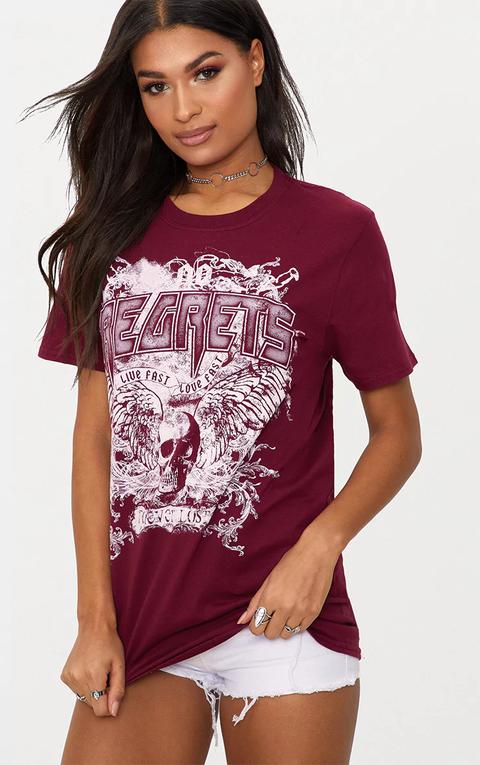 Burgundy Regrets Slogan Rock T Shirt, Red