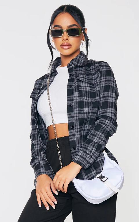 Petite Grey Oversized Checked Boyfriend Shirt