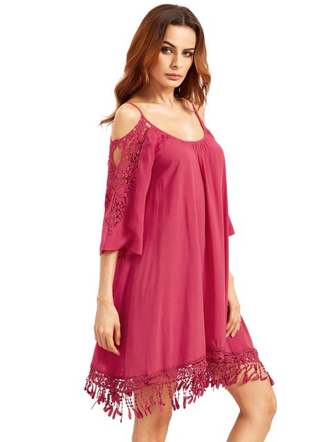 Hot Pink Open Hombro Crochet Vestido De Borla De Manga De Encaje