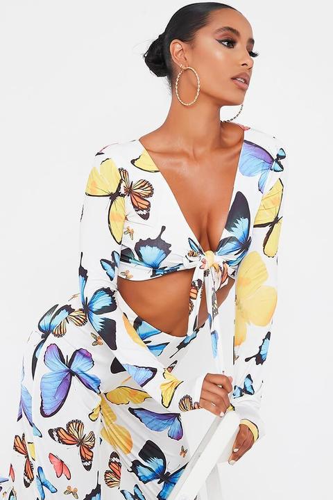 Multi Butterfly Print Tie Front Crop Top