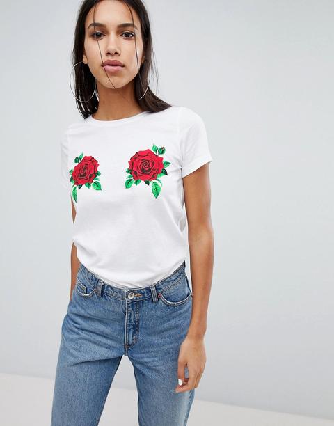 Noisy May - T-shirt Con Rose - Bianco