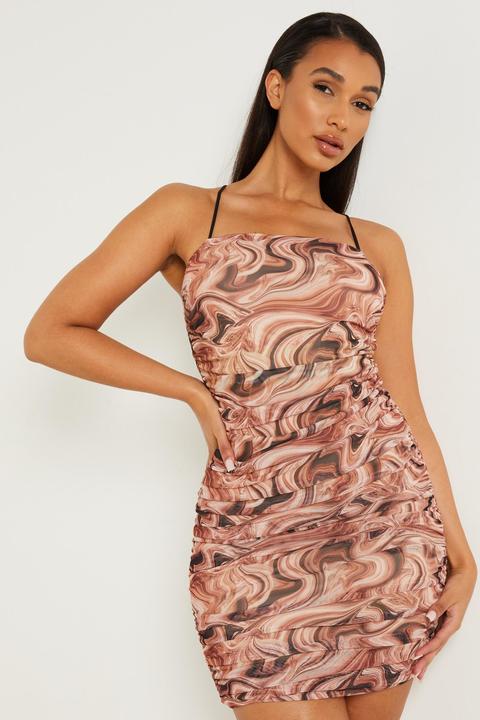 Brown Marble Print Ruched Mini Dress