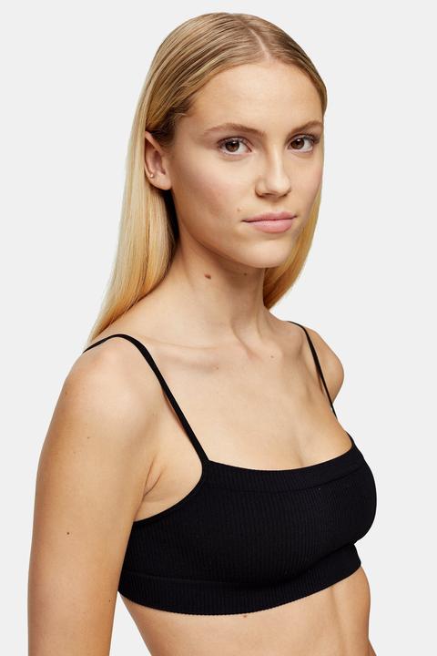 Womens Black Ribbed Straight Neck Crop Top - Black, Black