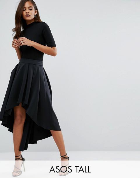 Asos Tall Scuba Midi Prom Skirt With Asymmetric High-low Hem