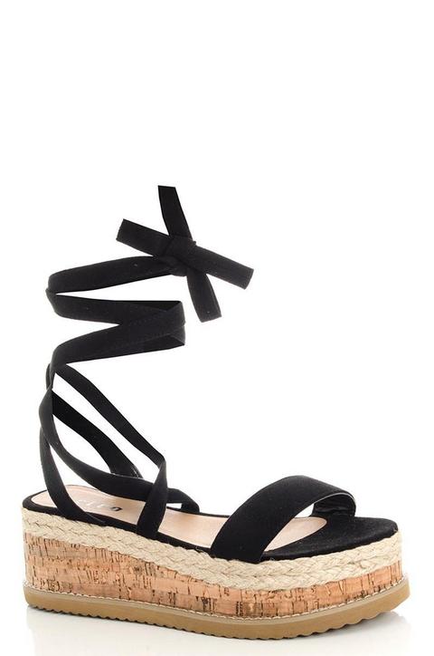 Black Lace Up Cork Flatform Sandals