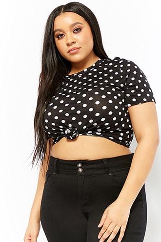 Forever 21 Plus Size Knotted Polka Dot Top Black/white