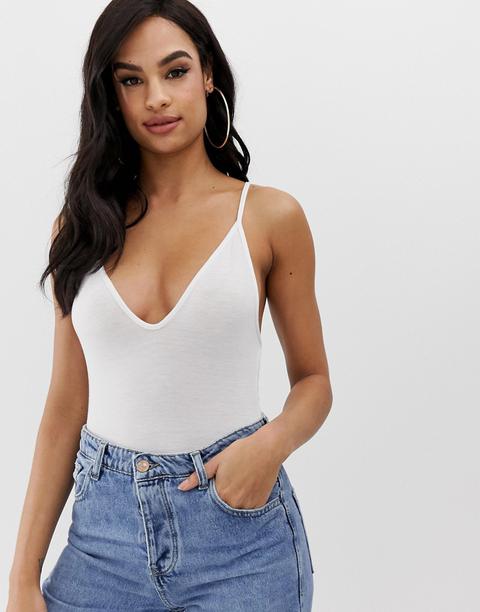 Boohoo - Body Basic Con Spalline E Scollo A V - Bianco