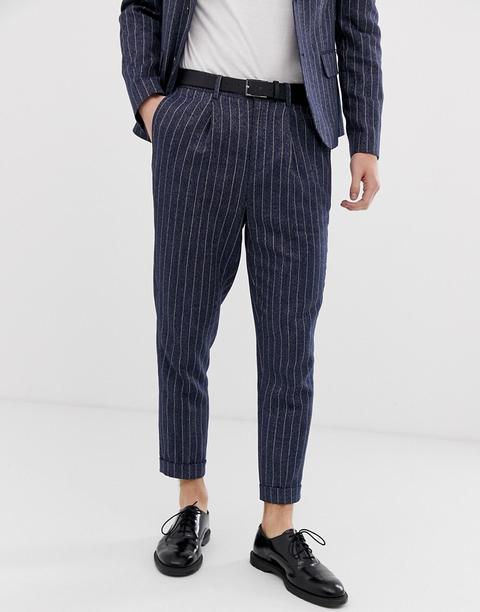 Asos Design Tapered Crop Suit Trousers In Linen Stripe-blue