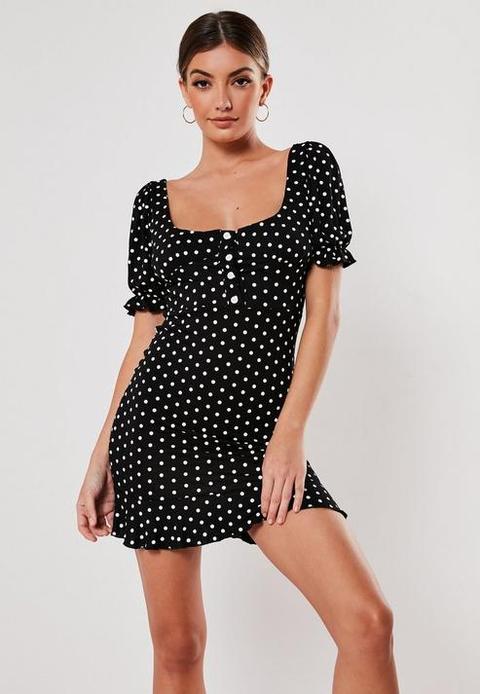 Black Polka Dot Square Neck Mini Dress 