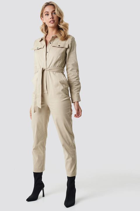 Anna Nooshin X Na-kd Tied Waist Belted Jumpsuit - Beige