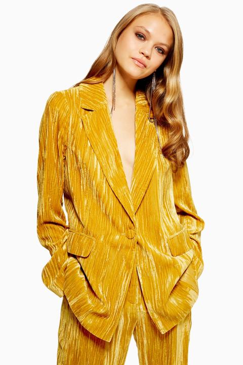 Womens Crinkle Velvet Jacket - Mustard, Mustard