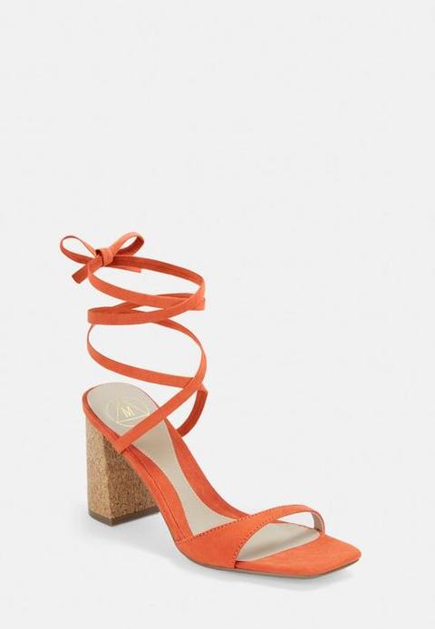 Orange Cork Heel Asymmetric Lace Up Sandals, Orange