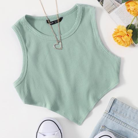 Asymmetrical Hem Rib-knit Crop Tank Top