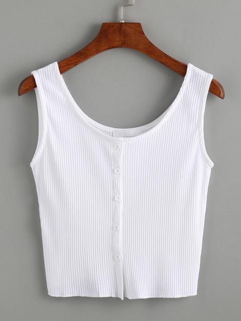 White Buttoned Front Ribbed Knit Crop Tank Top