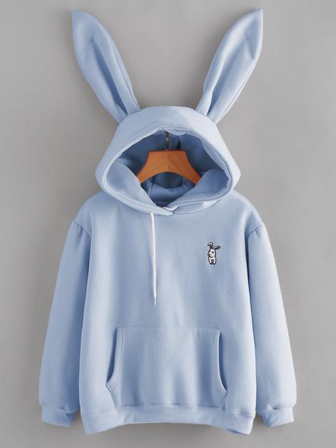 Rabbit Ear Hooded Embroidered Kangaroo Pocket Sweatshirt