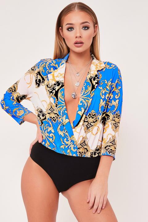 Hannah Blue Baroque Print Wrap Bodysuit