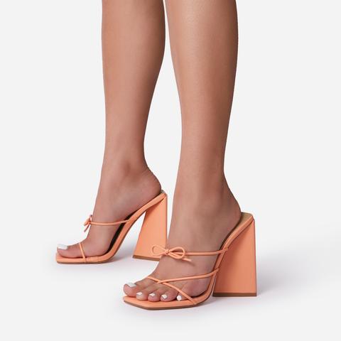Enchant Bow Detail Strappy Square Toe Sculptured Flared Block Heel Mule In Orange Faux Leather, Orange