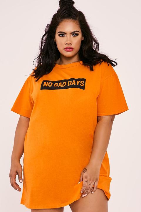 Orange Dresses - Curve Charlotte Crosby Orange No Bad Days Slogan T Shirt Dress