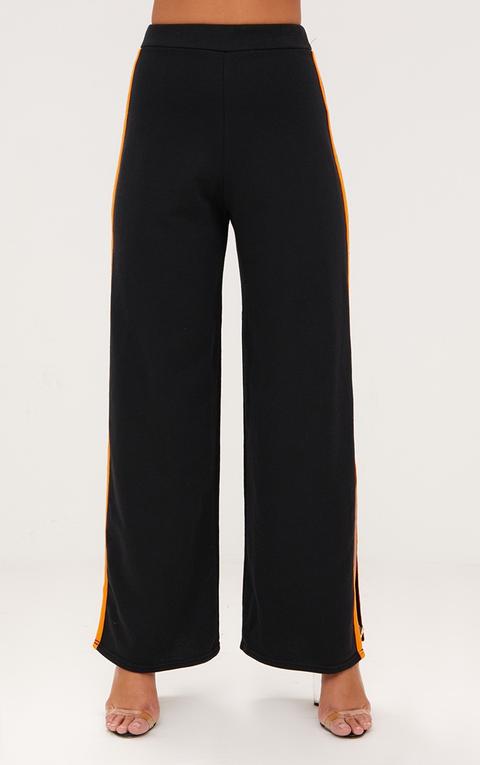 Black Contrast Binding Split Wide Leg Track Pants