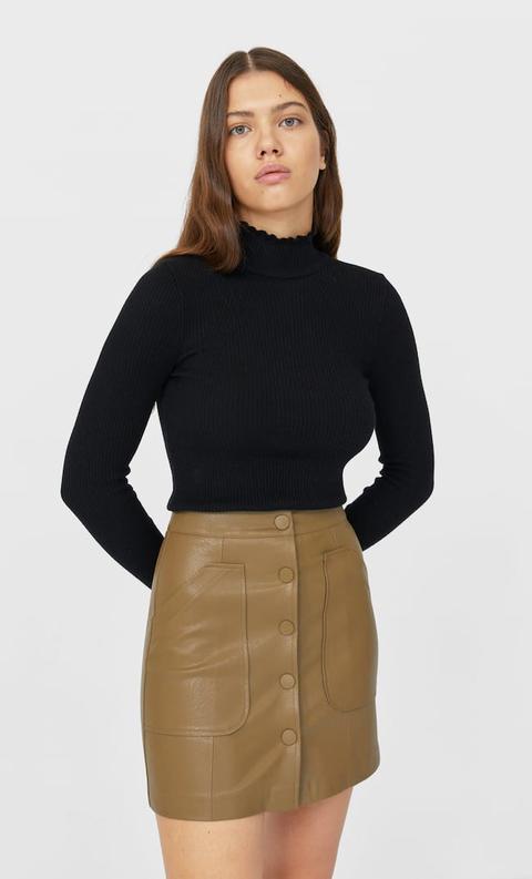 Stradivarius Minijupe À Boutons En Similicuir Femme Kaki 36