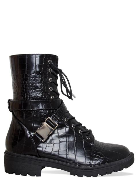 Joslin Black Croc Lace Up Buckle Ankle Boots