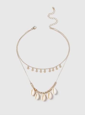 Womens Gold Look Shell And Disc Drop Choker Necklace- Cream, Cream