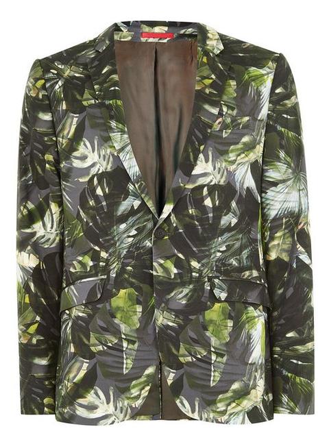 Green Palm Print Super Skinny Suit Jacket