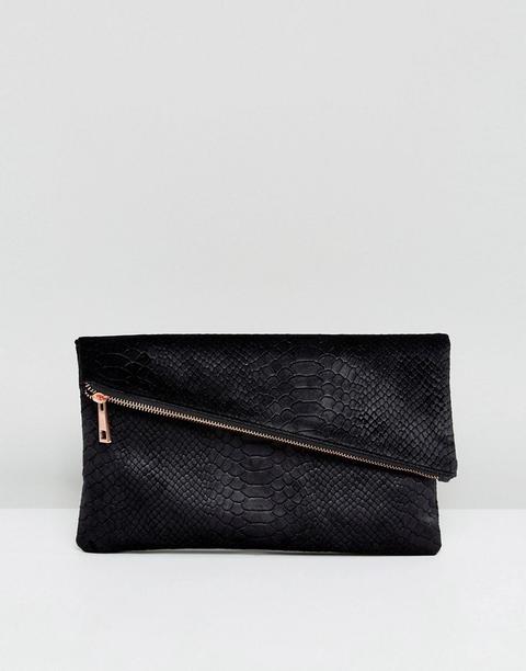 Asos Design - Pochette Squadrata Effetto Serpente In Velluto Con Zip Obliqua - Nero