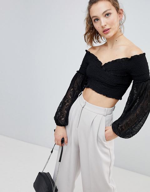 Asos Design - Top Arricciato Con Spalle Scoperte E Maniche In Pizzo - Nero