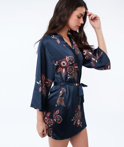 Bata Tipo Kimono Estampado Floral - Celeste - L - Azul - Mujer - Etam