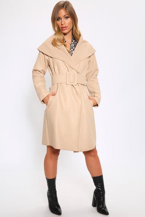 Camel Waterfall Coat With Wide Buckle Belt