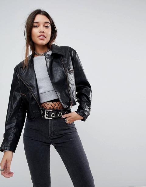 Asos - Giacca Stile Motociclista Anni '80 Corta In Pelle Sintetica - Nero