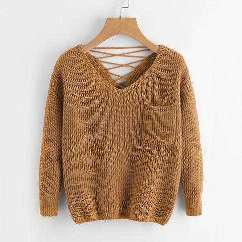 Jersey Tejido Chunky De Espalda Con Cordón Doble Escote V