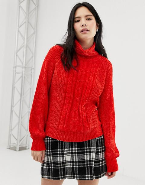 Qed London - Maglione Pesante In Ciniglia A Trecce Con Maniche A Palloncino - Rosso