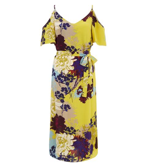 Yellow Floral Print Cold Shoulder Midi Slip Dress New Look