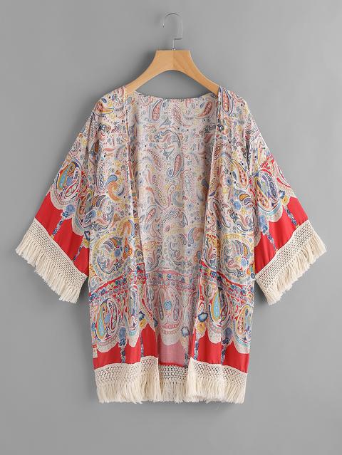 Printed Random Contrast Tassel Hem Kimono