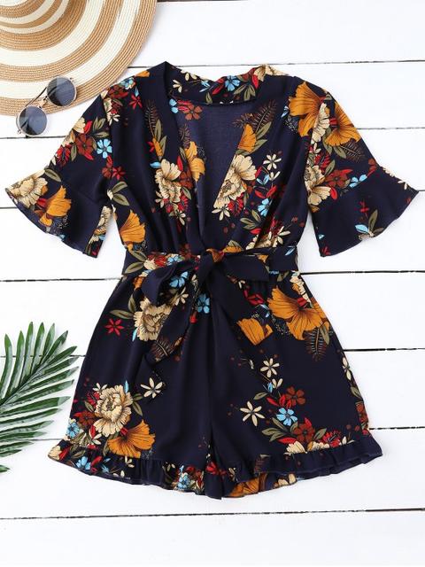 Bell Sleeve Floral Plunging Neck Romper