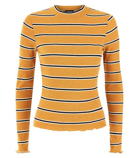 Mustard Yellow Stripe Long Sleeve Ribbed T-shirt New Look