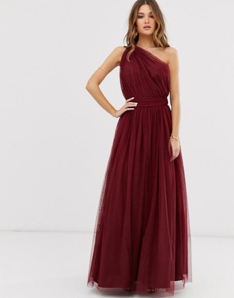 Vestido Largo Color Guinda Asimétrico Con Falda De Tul De Asos Design-rojo