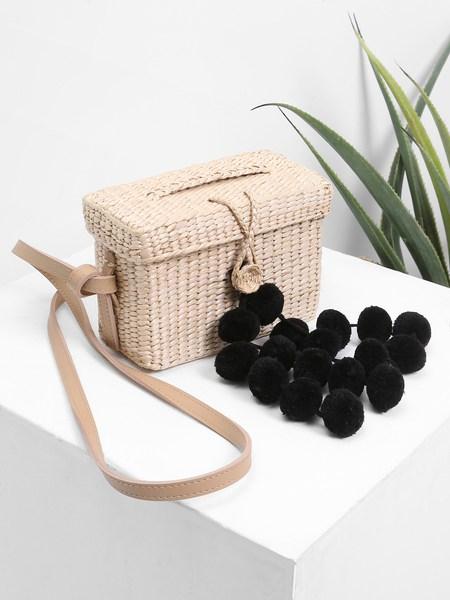 Borsa A Tracolla Di Paglia Decorata Pom Pom