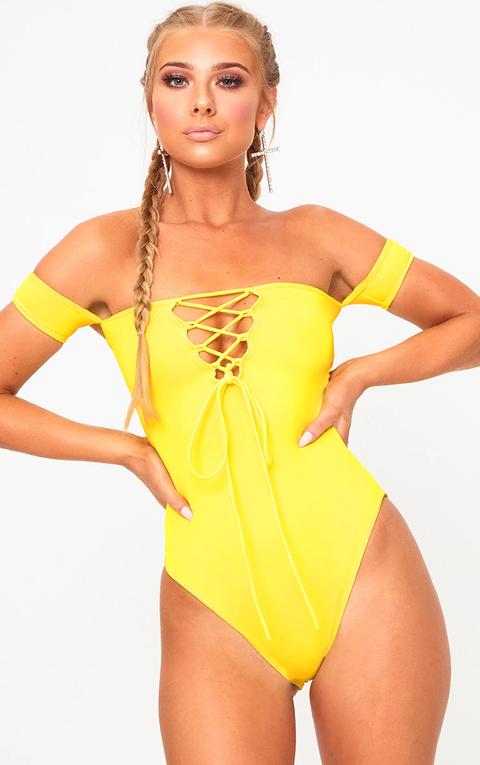 Yellow Lace Up Bardot Swimsuit, Yellow