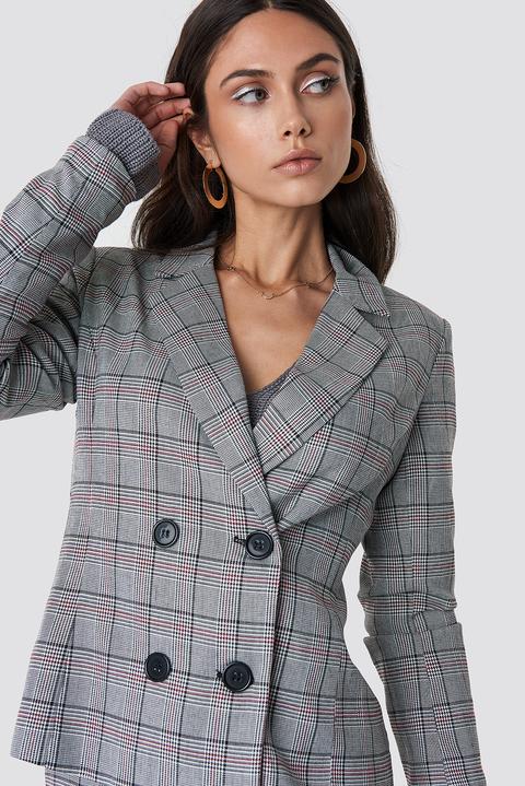 Checked Double Button Blazer Grey