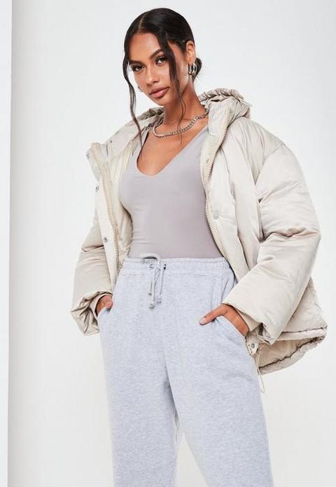 Stone Dipped Hem Oversized Puffer Jacket, Stone